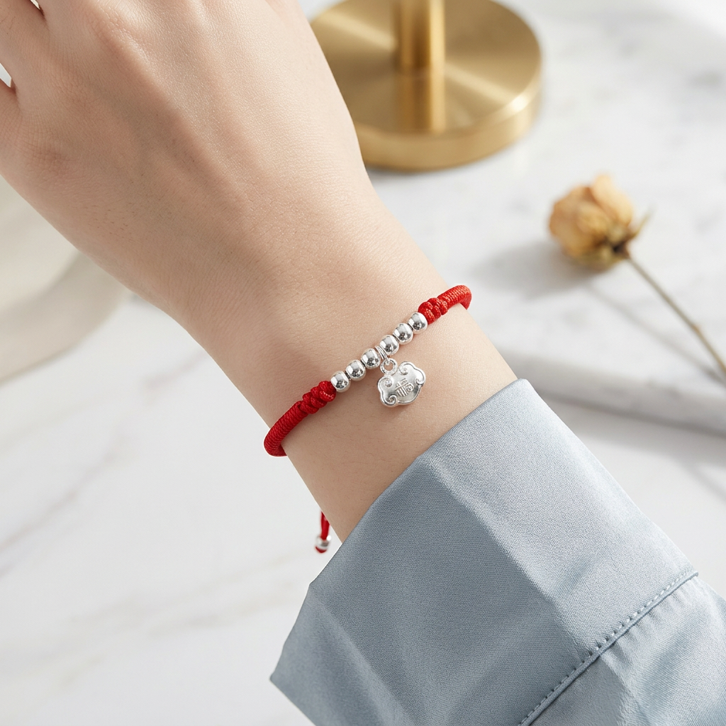 999 Fine Solid Silver Ruyi Fortune Lock Charm Weaving Cord Bracelet