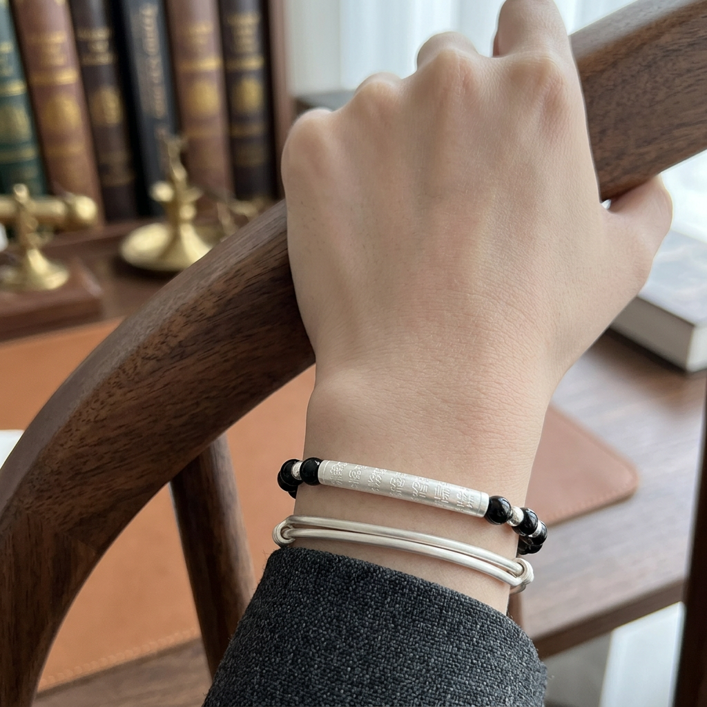 999 Fine Silver Blessing Tube Charm Black Agate Beads Moonstone Fortune Unisex Bracelet