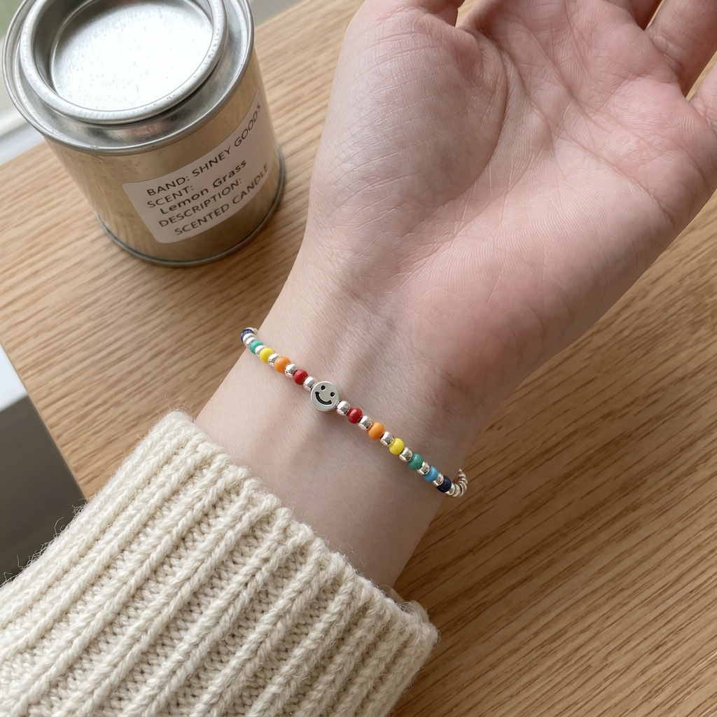 s925 Sterling Silver Rainbow Smiley Happy Face Beaded Stacking Bracelet
