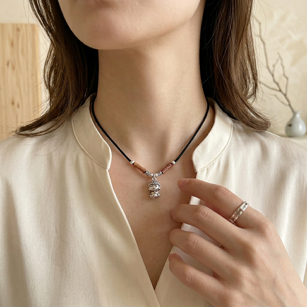 999 Fine Silver Maitreya Buddha Charm "All your wish come true" Cord Necklace