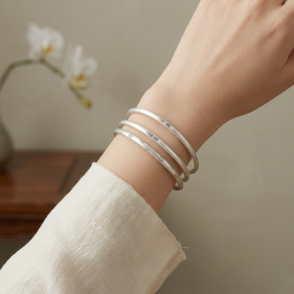 999 Fine Silver Peace and Joy Bangle Minimalist Engraved Bracelet