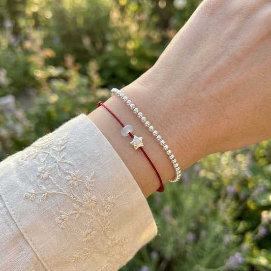 999 Fine Silver Blessing Star Charm Thin Stacking Minimal Style Weaving Cord Bracelet Anklet