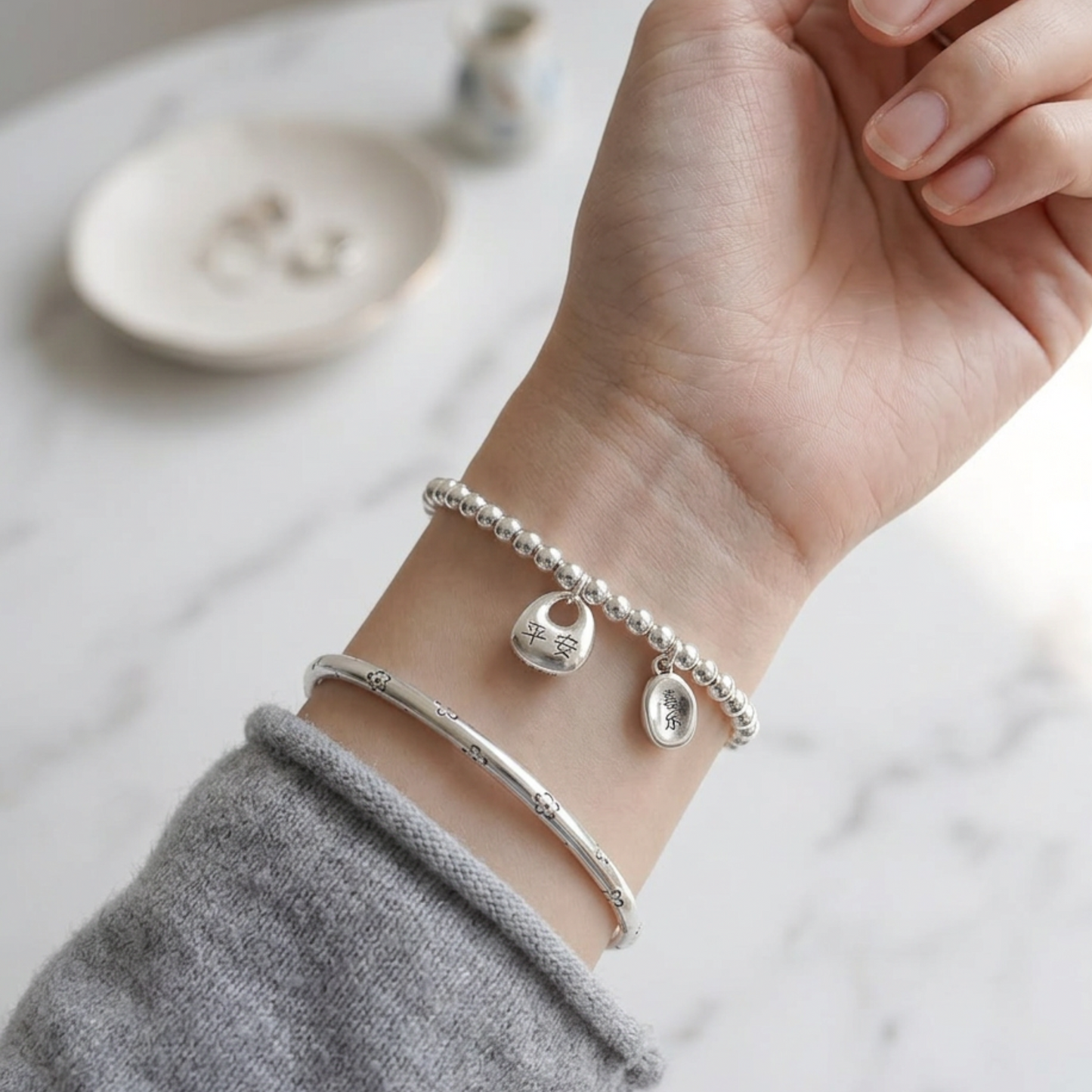 999 Fine Solid Silver Peace and Joy Blessing Charm Beads Bracelet