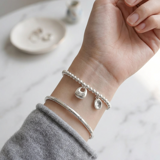 999 Fine Solid Silver Peace and Joy Blessing Charm Beads Bracelet