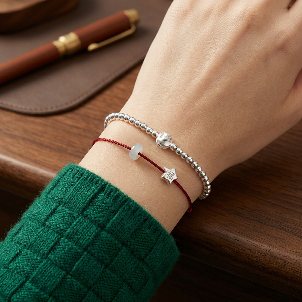 999 Fine Silver Blessing Star Charm Thin Stacking Minimal Style Weaving Cord Bracelet Anklet