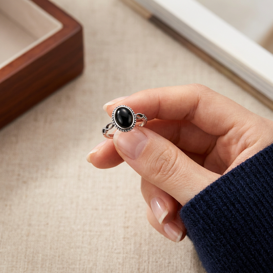 s925 Sterling Silver Black Agate Vintage Oval Minimal Gemstone Ring