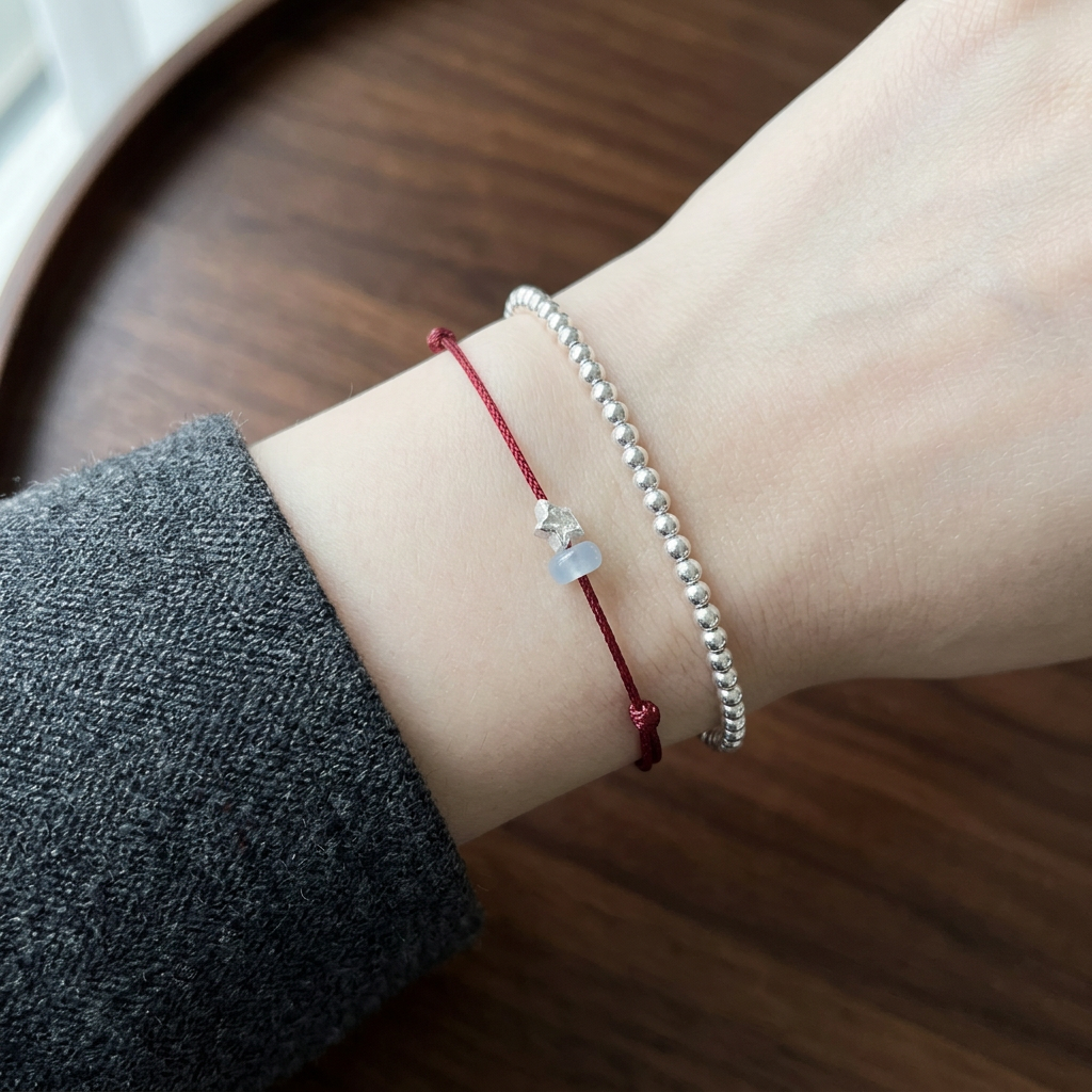 999 Fine Silver Blessing Star Charm Thin Stacking Minimal Style Weaving Cord Bracelet Anklet