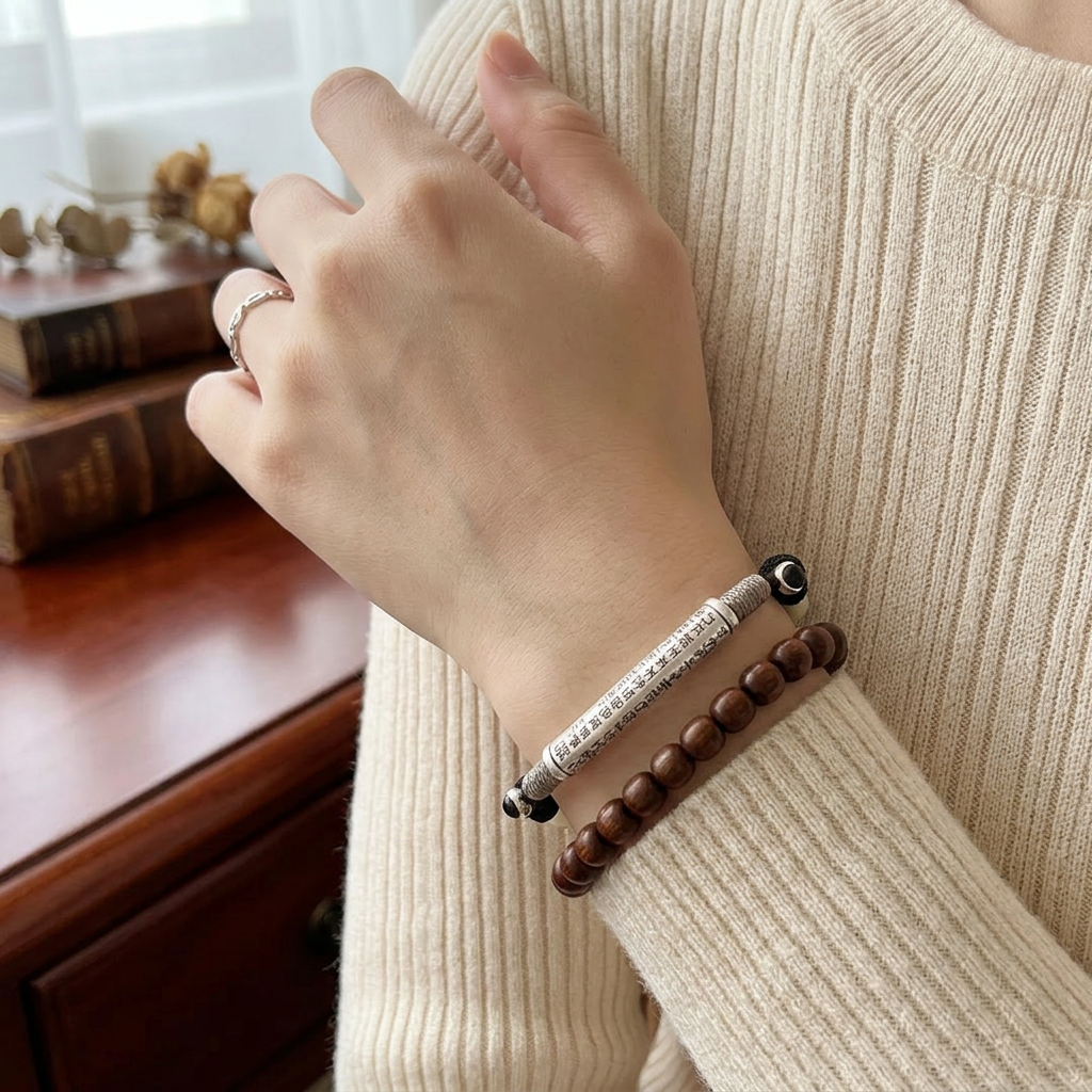 999 Fine Silver Curved tube Heart Sutra Charm Tibetan-style Weaving Unisex Bracelet