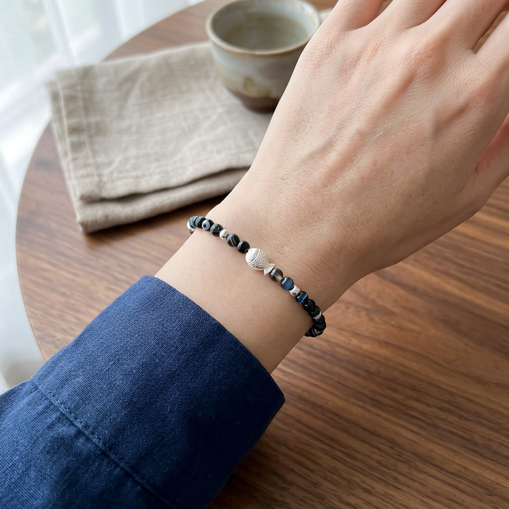990 Fine Silver Good Luck Koi Fish Charm Braided Agate and natural Stone Bracelet