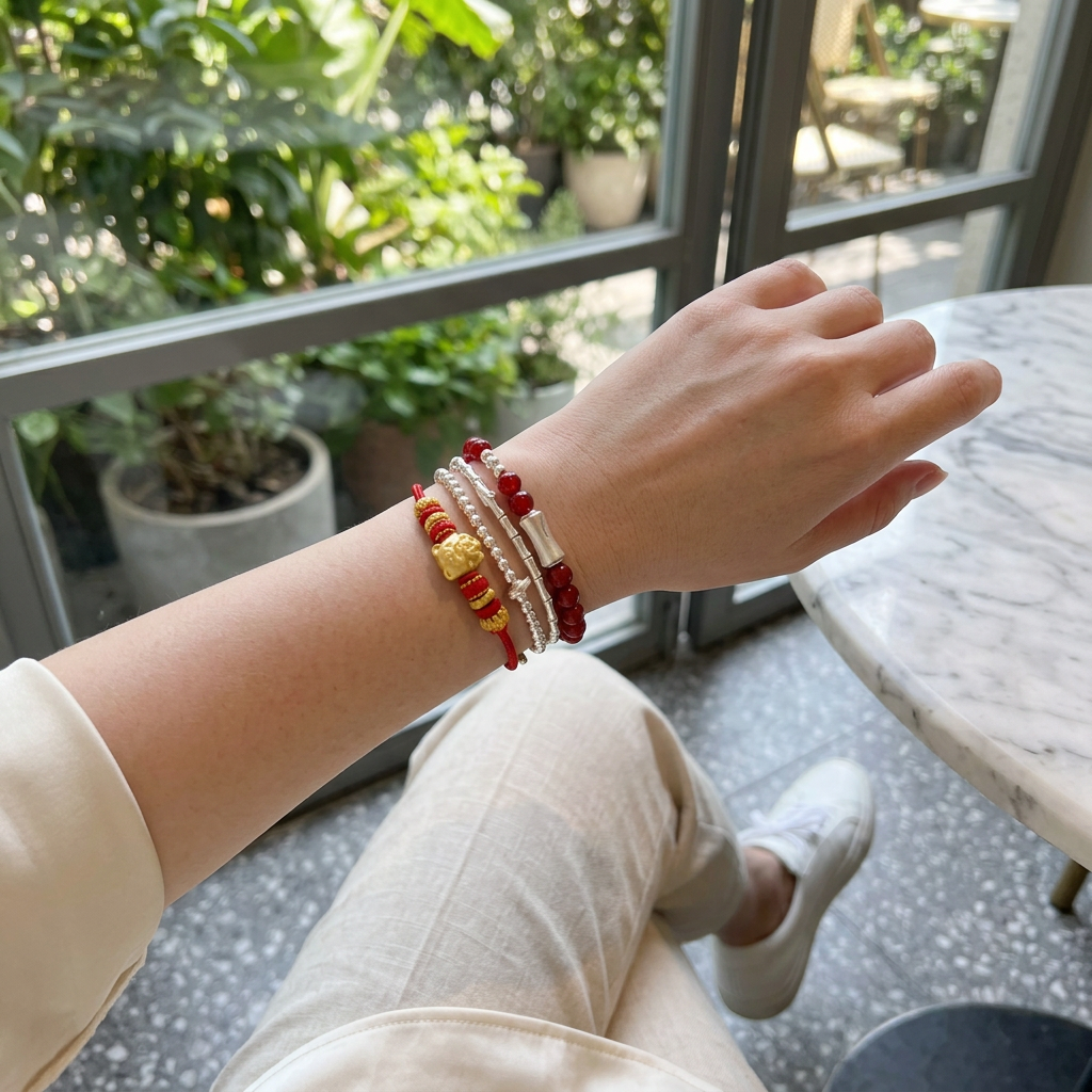 999 Fine Silver Bamboo Charm Natural Red Agate Feng Shui Beads Bracelet