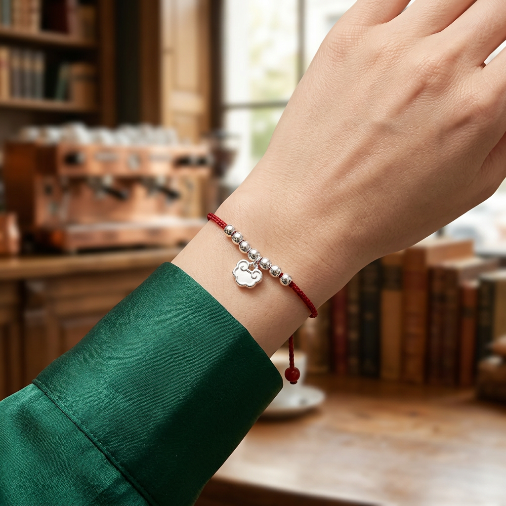 999 Fine Silver Chinese-Style Auspicious Cloud Lock Charm Braided Cord Bracelet Anklet