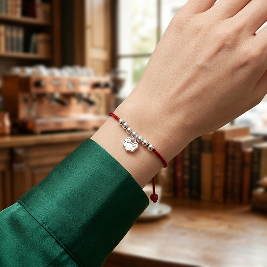 999 Fine Silver Chinese-Style Auspicious Cloud Lock Charm Braided Cord Bracelet Anklet