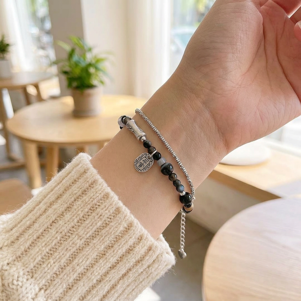 999 Fine Silver Bamboo-joint Charm Agate Natural Stone Beads Bracelet