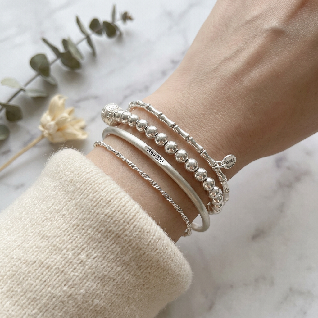 s925 Sterling Silver Bamboo Joint Wealth God Niche Charm Segment Beads Bracelet