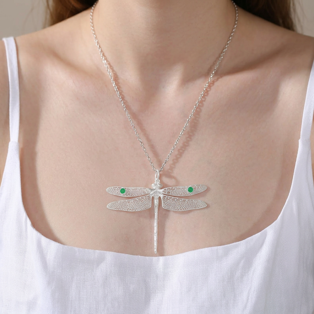 s925 Sterling Silver Filigree Dragonfly Summer Pendant Inlaid with Chrysotile