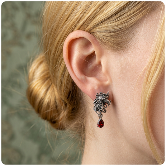 s925 Sterling Silver Vintage Style Unicorn Garnet Drop Stud Earrings