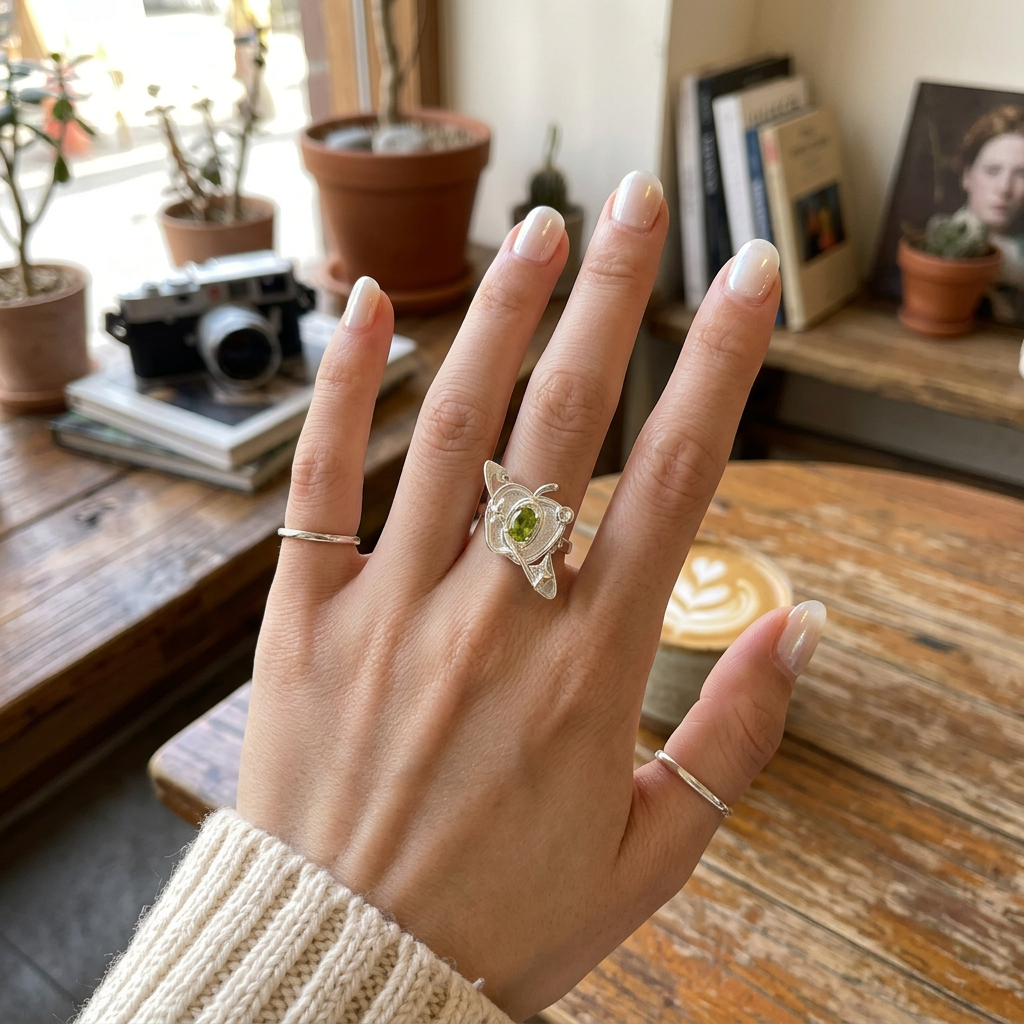s999 Fine Silver Apple Ring with Gemstone Band Ring Gift