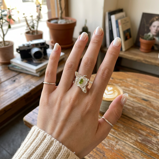 s999 Fine Silver Apple Ring with Gemstone Band Ring Gift