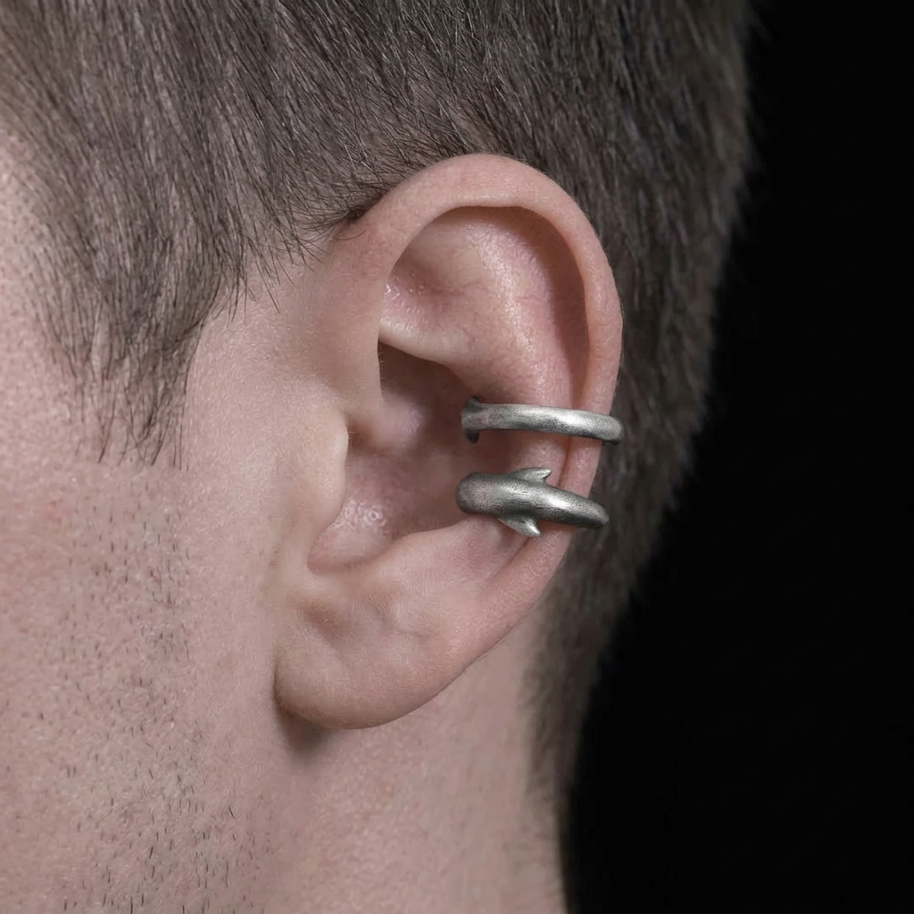 S999 Fine Silver Vintage Deep Ocean Shark Ear Cuff Unisex