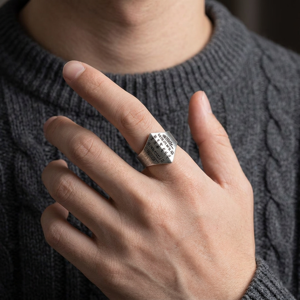 S999 Fine Silver Handmade Men Chinese Beliefs Shan Gui Coin Ring