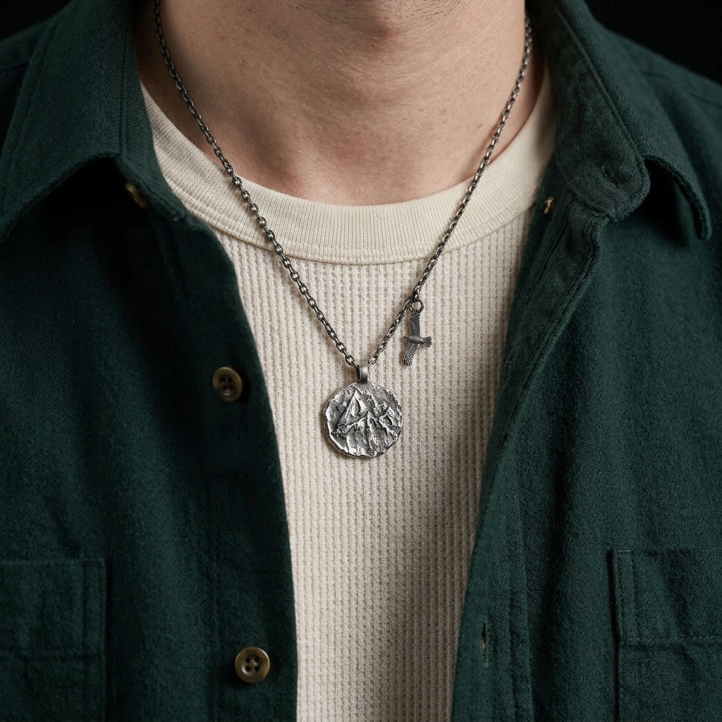 S999 Fine Silver Mountain and Eagle Pendant Necklace