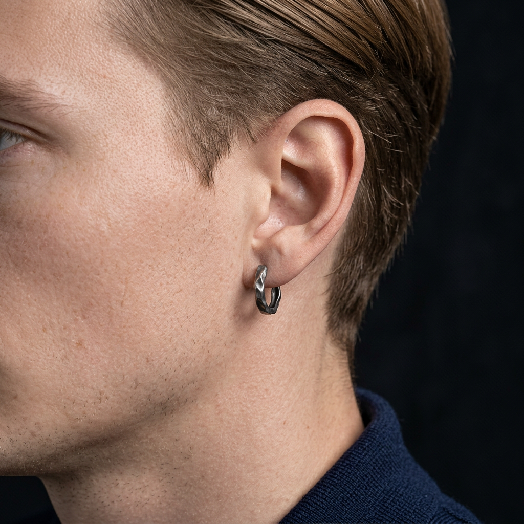 S999 Fine Silver Vintage Hammered Minimal Men Women Hoop Earrings