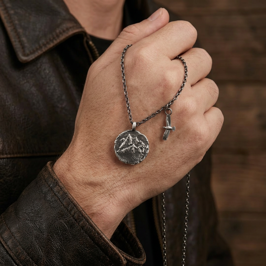 S999 Fine Silver Mountain and Eagle Pendant Necklace