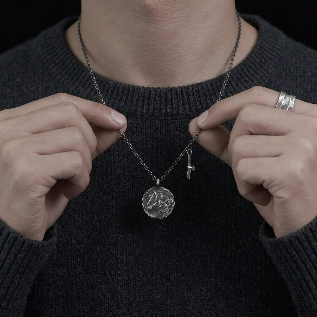 S999 Fine Silver Mountain and Eagle Pendant Necklace