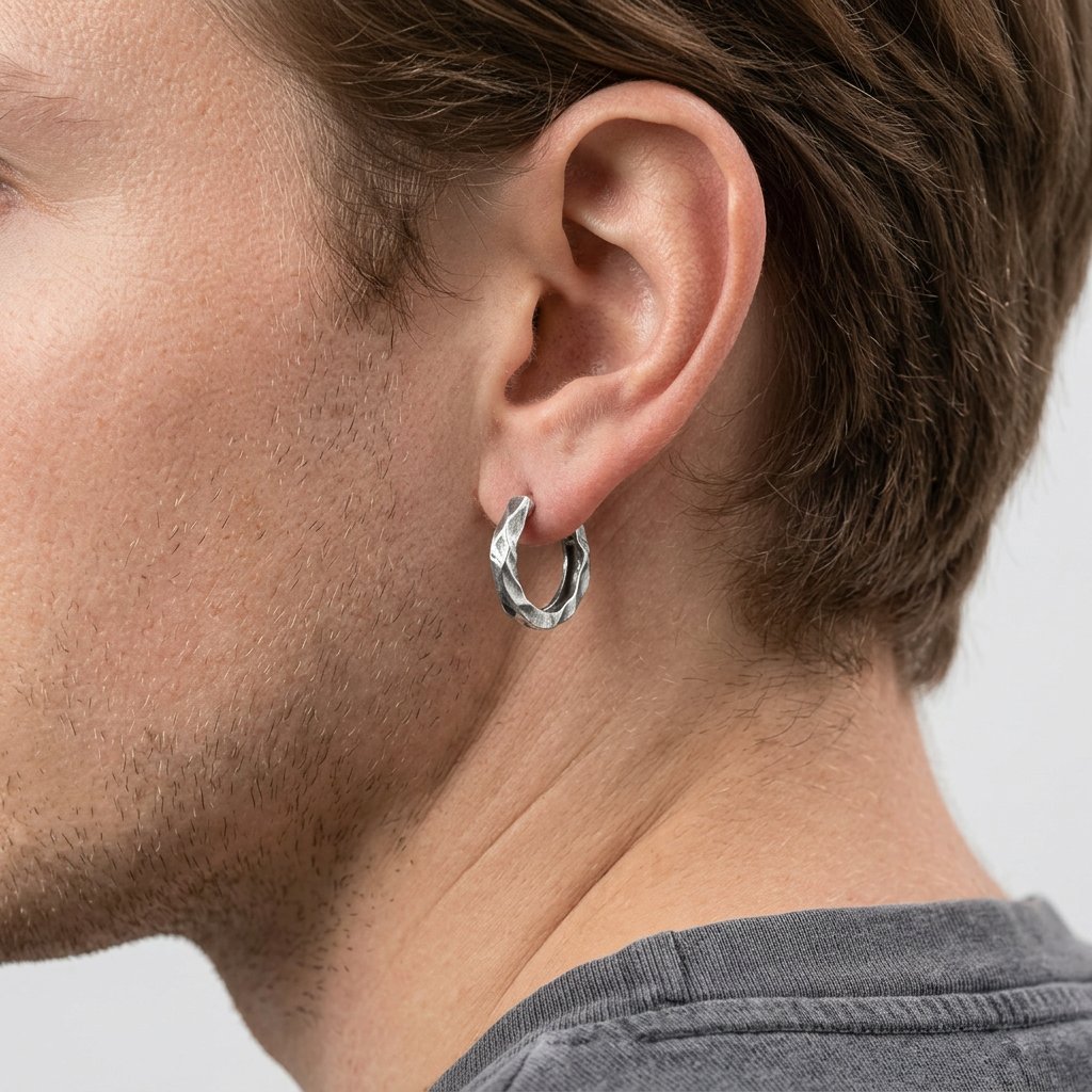 S999 Fine Silver Vintage Hammered Minimal Men Women Hoop Earrings