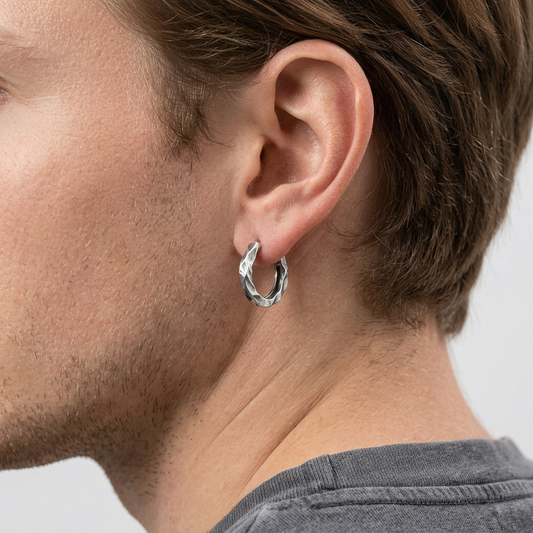 S999 Fine Silver Vintage Hammered Minimal Men Women Hoop Earrings
