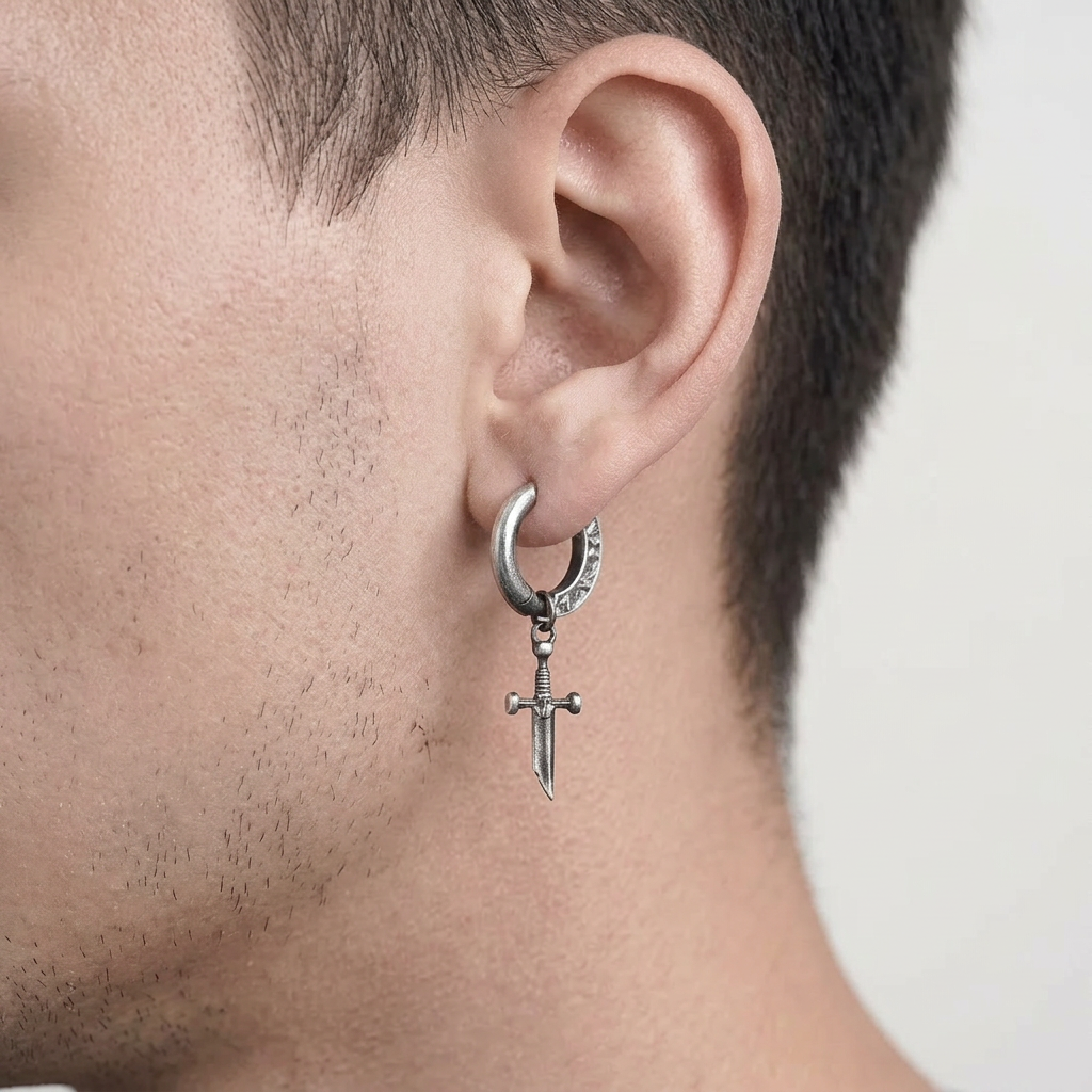 S925 Sterling Silver Vintage Broken Sword Hoop Unisex Earrings