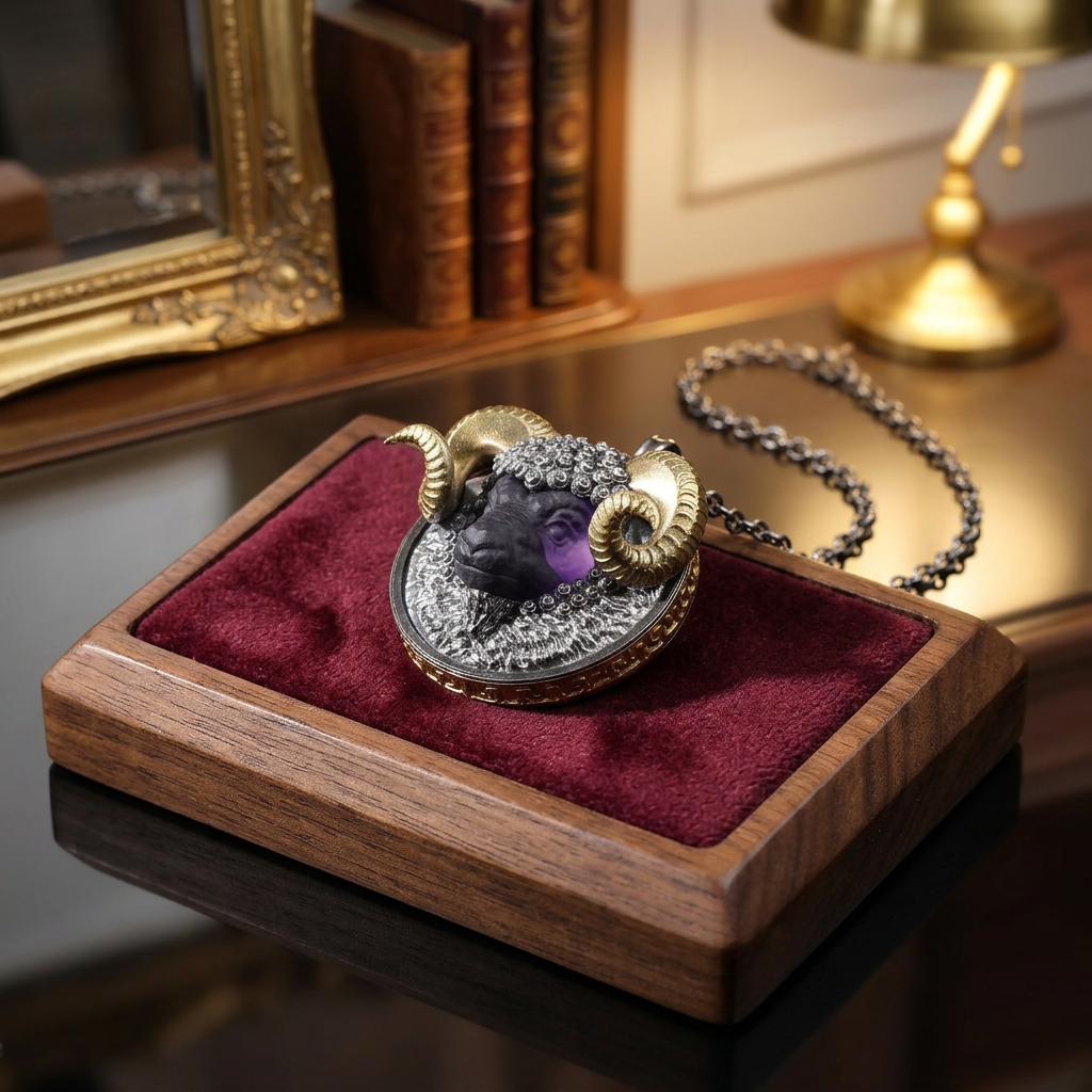 s925 Sterling Silver Zodiac Sheep Head Pendant with Amethyst Necklace