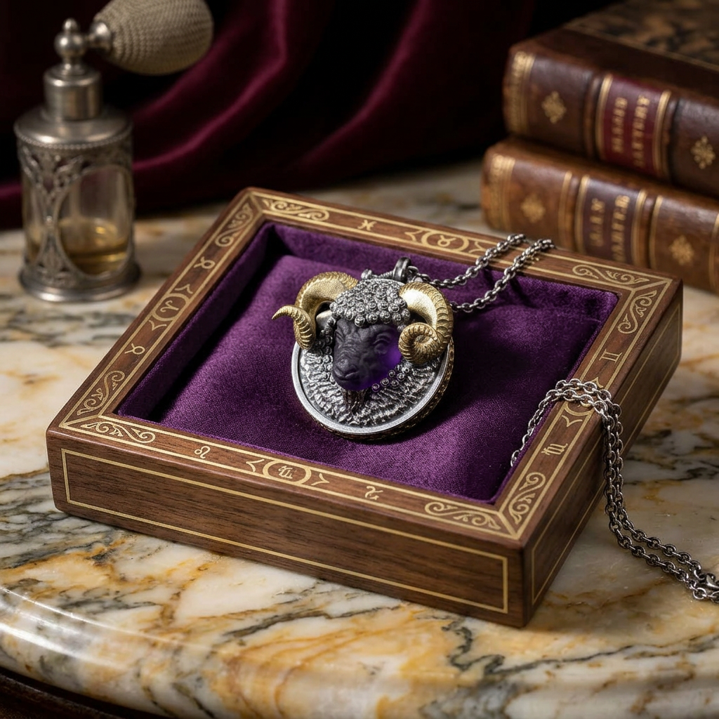 s925 Sterling Silver Zodiac Sheep Head Pendant with Amethyst Necklace