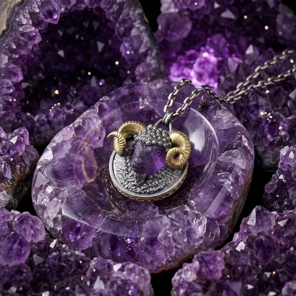s925 Sterling Silver Zodiac Sheep Head Pendant with Amethyst Necklace