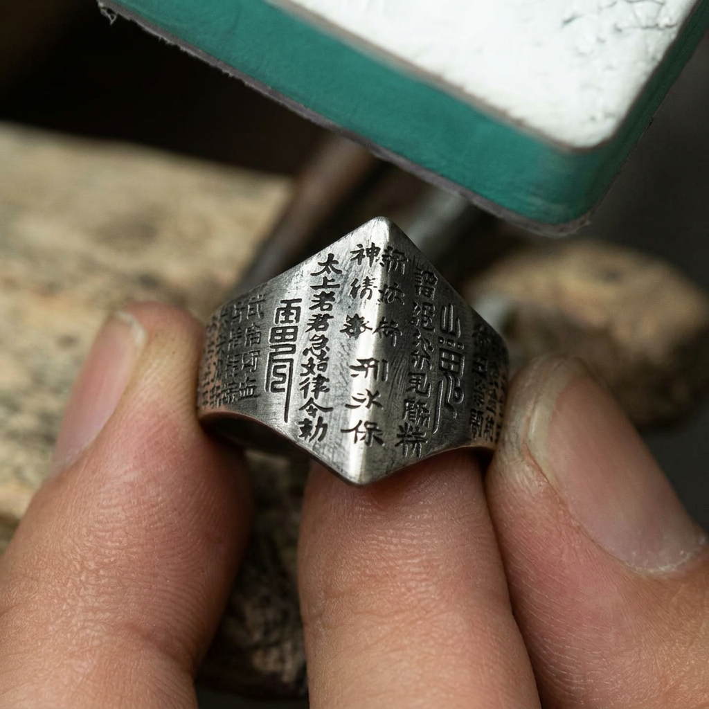 S999 Fine Silver Handmade Men Chinese Beliefs Shan Gui Coin Ring