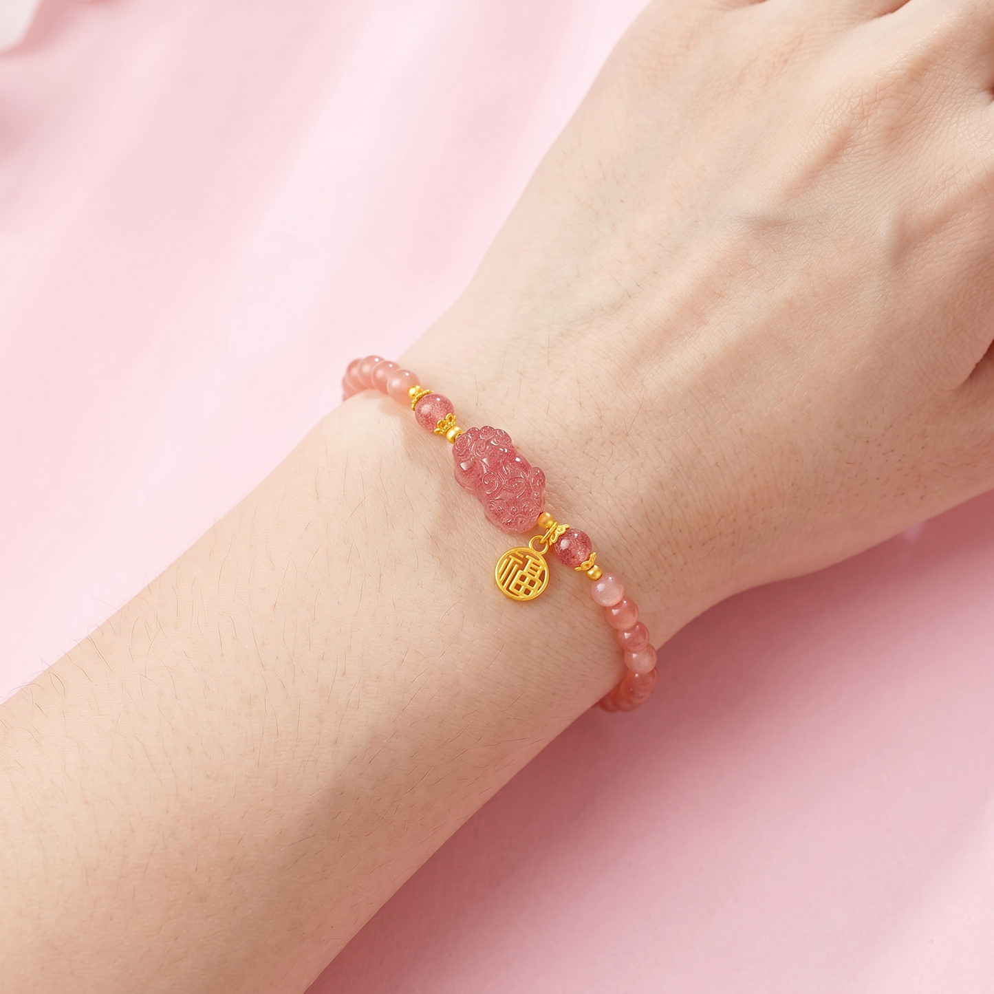 s925 Sterling Silver Lucky Pixiu Sunstone Pink Strawberry Quartz Bead Bracelet