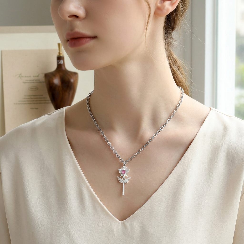 s925 Sterling Silver Heart Magic Magical Wand Pendant with Topaz Gemstone & Angel Wings