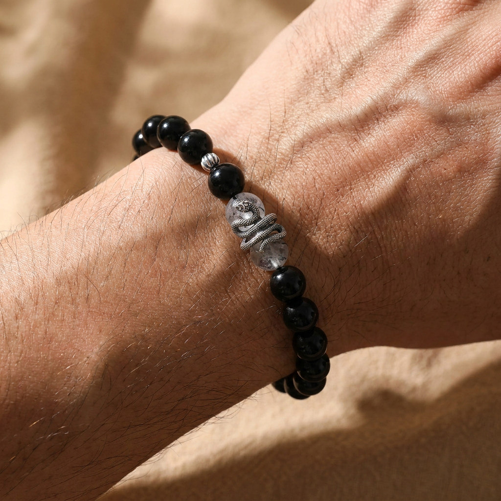 s925 Sterling Silver Snake Lucky Bead Men Bracelet Obsidian Rutilated Quartz Beads