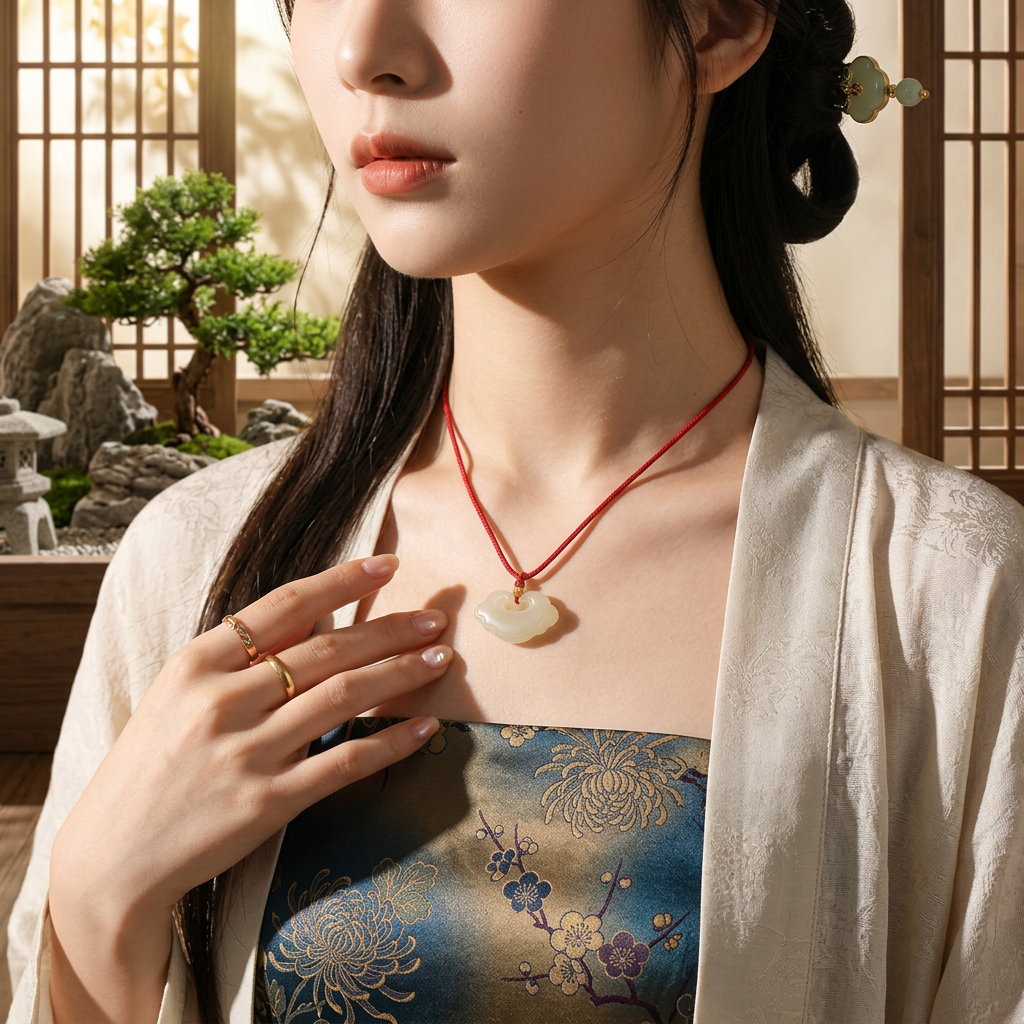 s925 Sterling Silver Bead Hand-Carved Jade Ruyi Pendant Braided Cord Adjustable Necklace