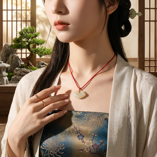 s925 Sterling Silver Bead Hand-Carved Jade Ruyi Pendant Braided Cord Adjustable Necklace