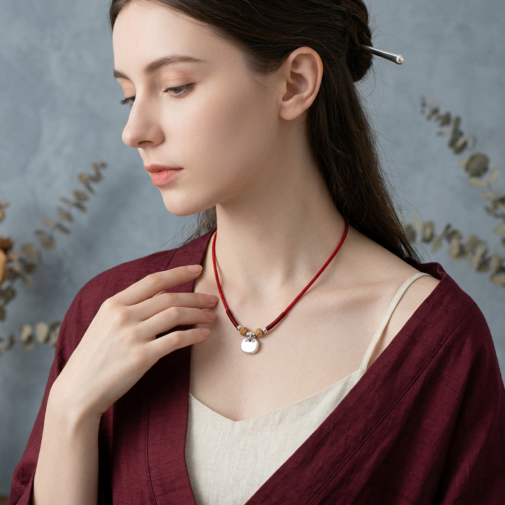 s999 s925 Solid Sterling Silver Minimal Ruyi Lock Charm Owner & Pet Matching Thread Cord Collar Necklace