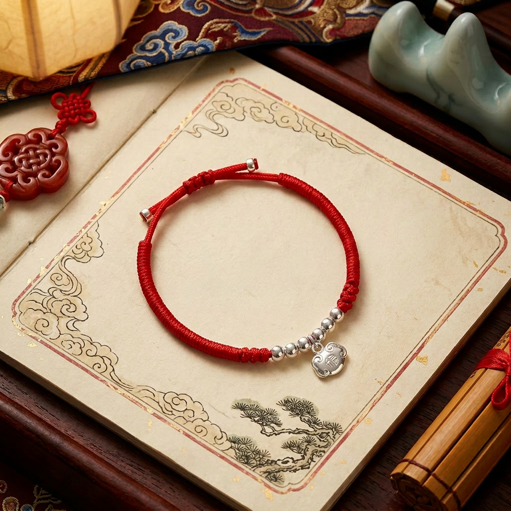 999 Fine Solid Silver Ruyi Fortune Lock Charm Weaving Cord Bracelet