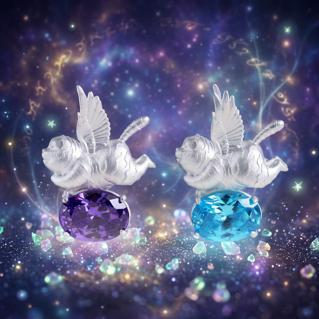 s925 Sterling Silver Unique Flying Wing Tiger Amethyst. Swiss Blue Topaz Pendant Necklace