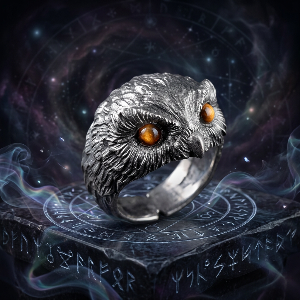 s925 Sterling Silver Unique Tiger's Eye Owl Ring