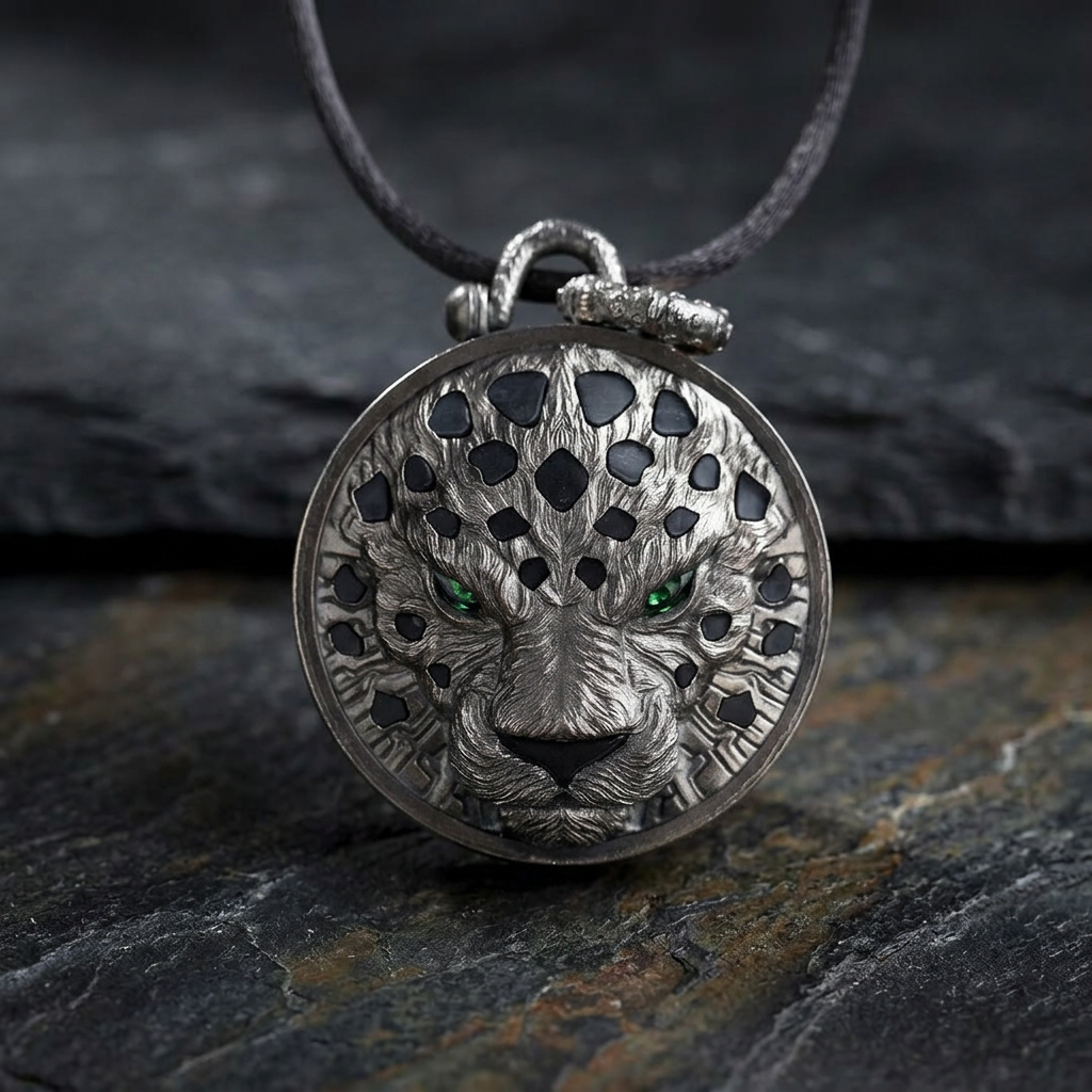 s925 Sterling Silver Vintage Leopard Head Round Pendant
