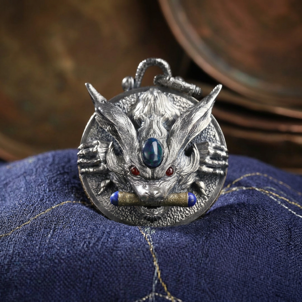 s925 Sterling Silver Vintage Nine-Tailed Fox Spirit Mystic Round Pendant Necklace