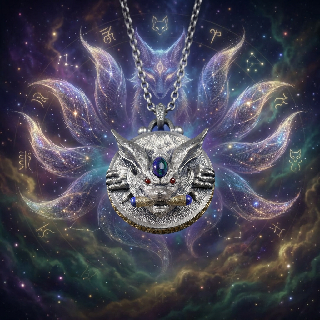 s925 Sterling Silver Vintage Nine-Tailed Fox Spirit Mystic Round Pendant Necklace