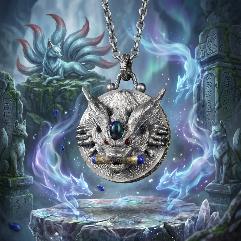 s925 Sterling Silver Vintage Nine-Tailed Fox Spirit Mystic Round Pendant Necklace
