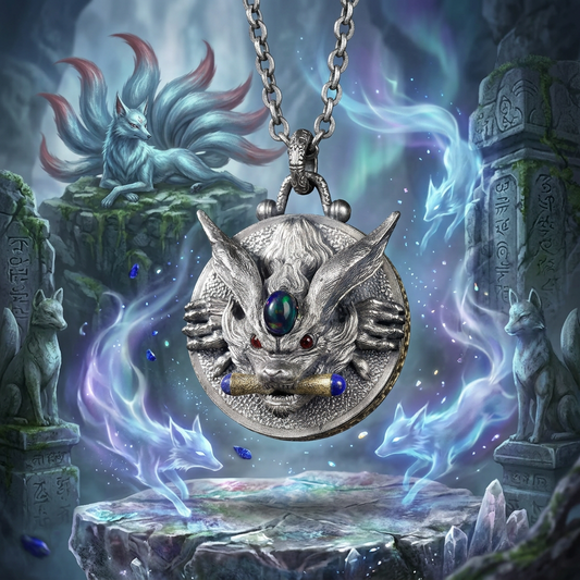 s925 Sterling Silver Vintage Nine-Tailed Fox Spirit Mystic Round Pendant Necklace