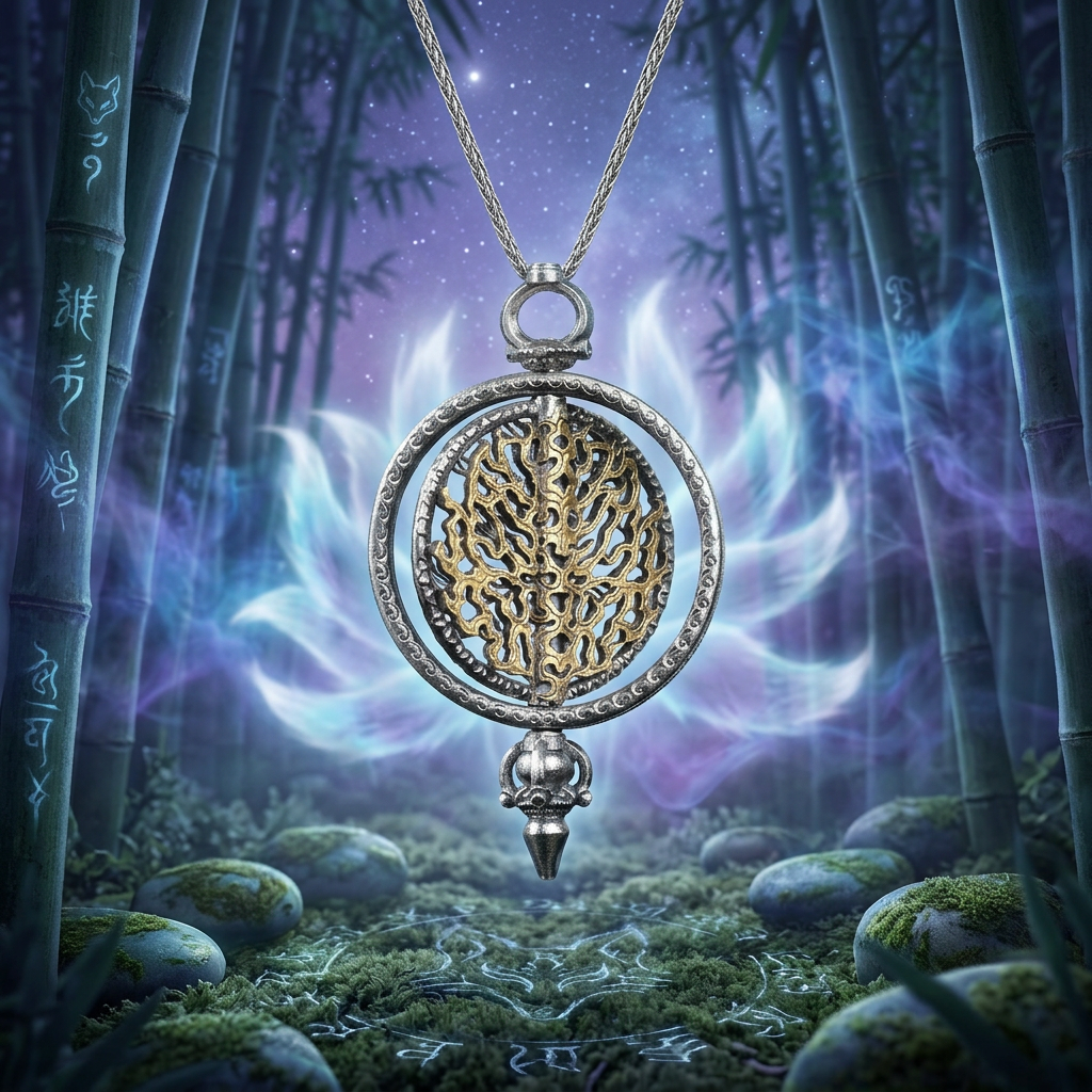 s925 Sterling Silver Vintage Nine-Tailed Fox Spirit Mystic Round Pendant Necklace